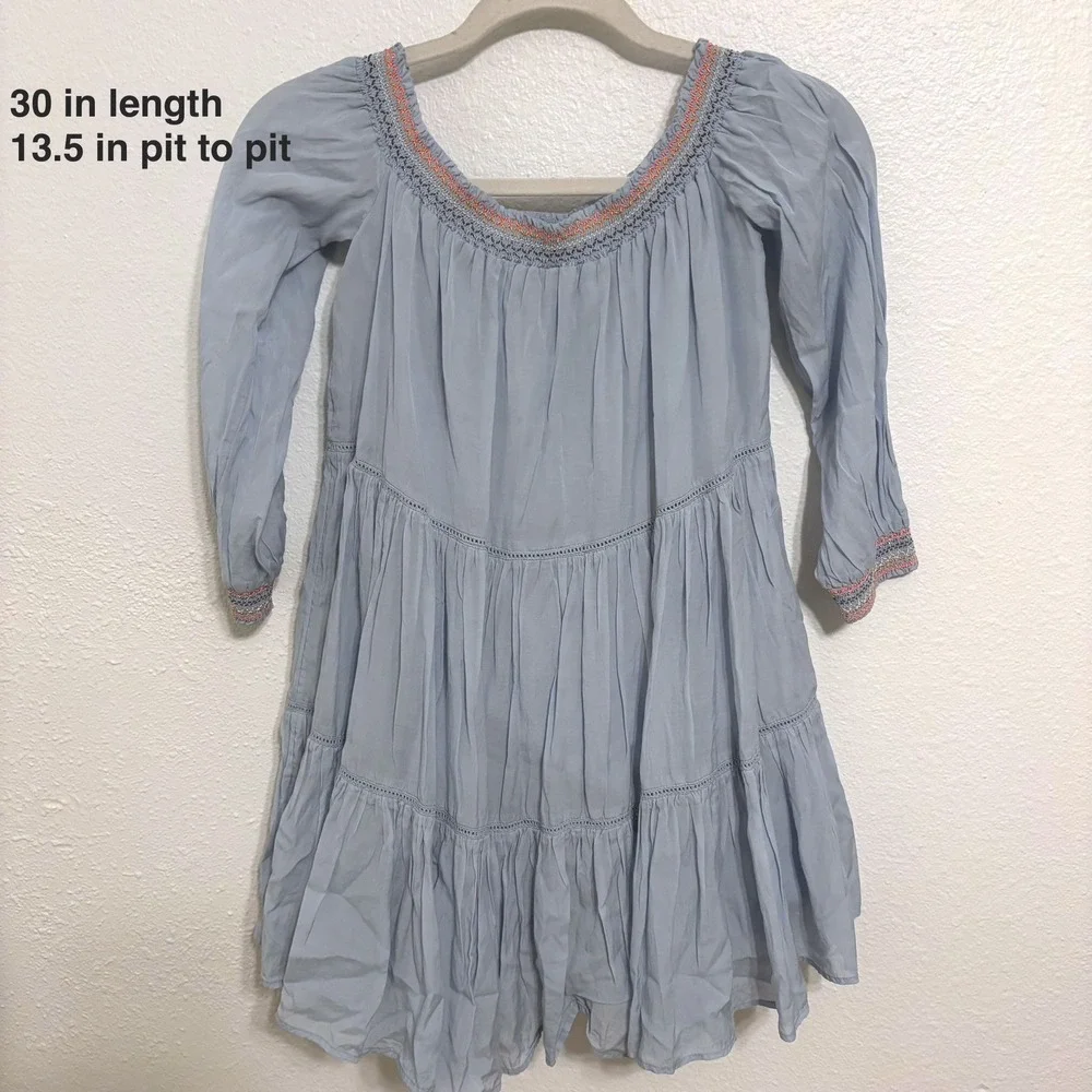 Free People Mini Dress XS Baby Blue Embroidered Off Shoulder Tiered Boho Coastal - Picture 4 of 7